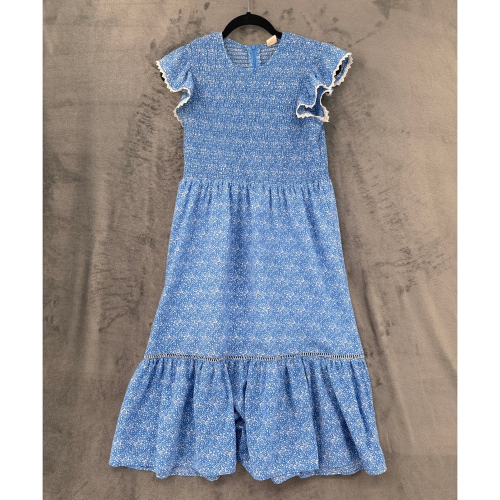 Melrose and Market Dress Womens Size L Floral Smocked Ruffle Midi Cottage Blue